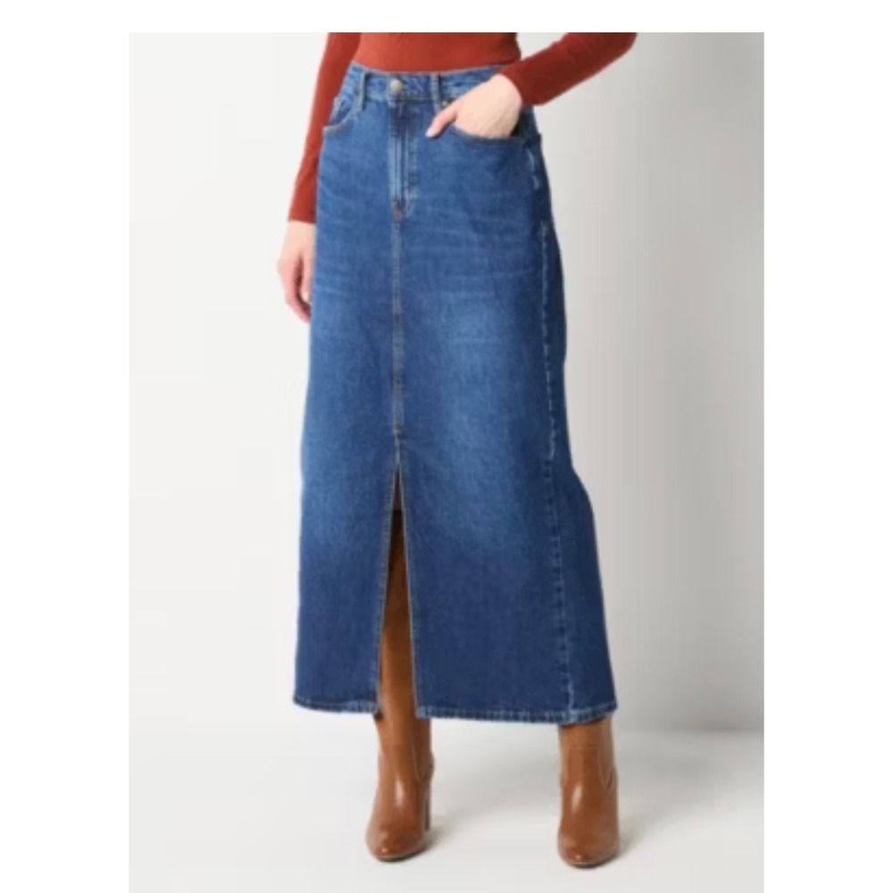 a.n.a High Rise Denim Maxi Skirt Dark Astral Blue Front Slit Size 12 NWT